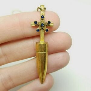 Vintage Trench Art Style Cross Pendant Necklace, Bullet Gold Tone, Chain, Estate